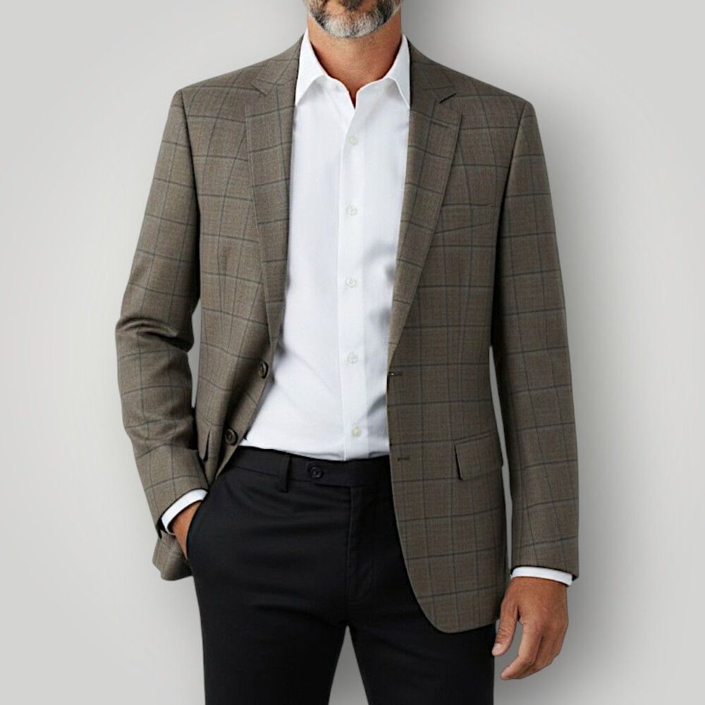 ENZO TOVARE Mens 40R Blue/Tan Plaid Wool Blazer Sport Coat 2 Button Suit Jacket